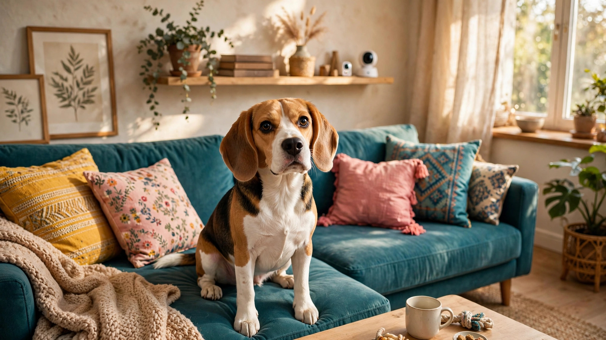 Beagle sitting on a sofa at home with a pet camera in the background