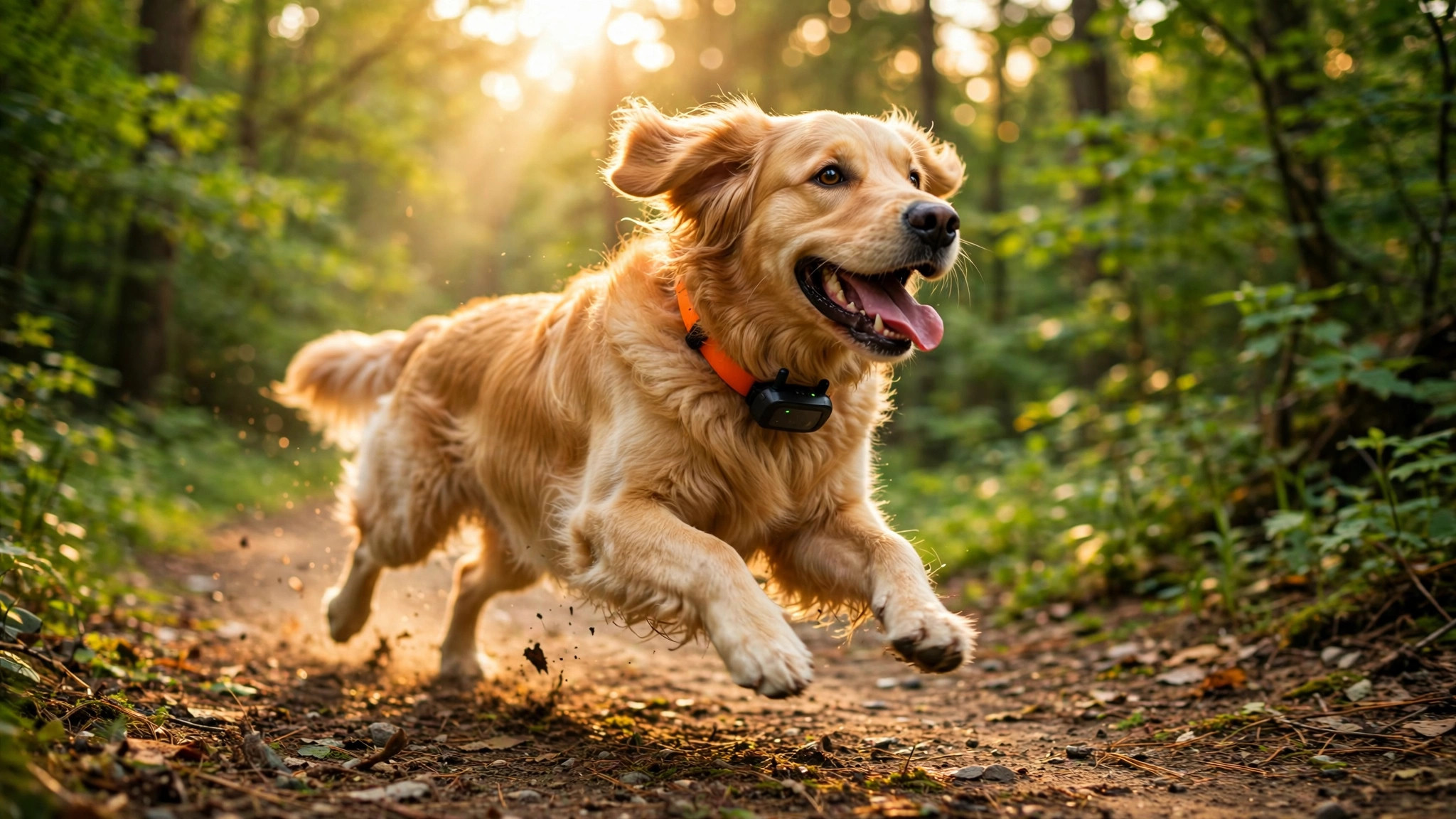 Happy golden retriever wearing a GPS tracker collar running on a sunny forest trail